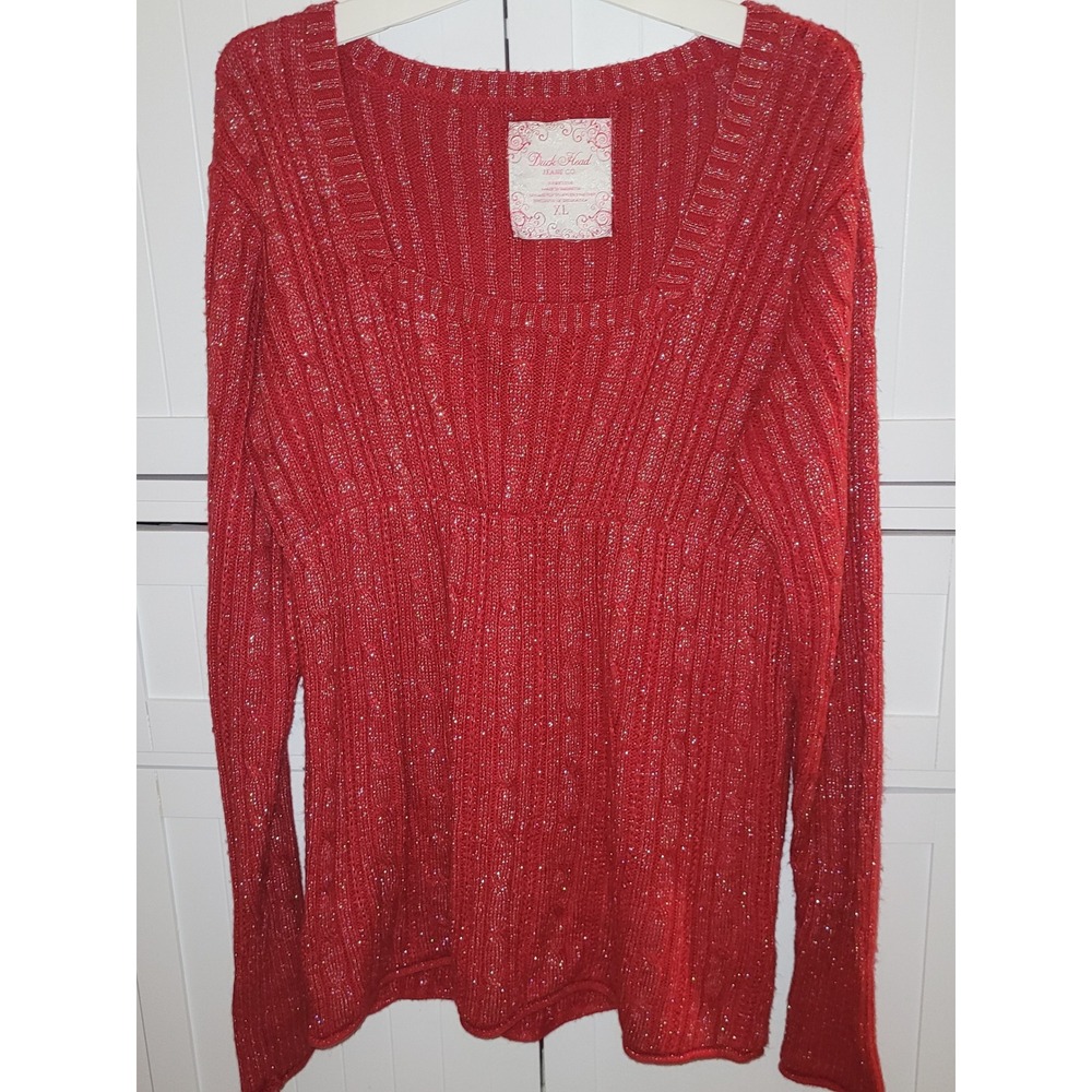 Duck Head Jeans Co. Red knit Top Blouse XL Long Sleeve Sparkle Square‎ Neck y2k